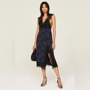 Rachel Comey black navy lace trim Estella floral midi slip dress size 6